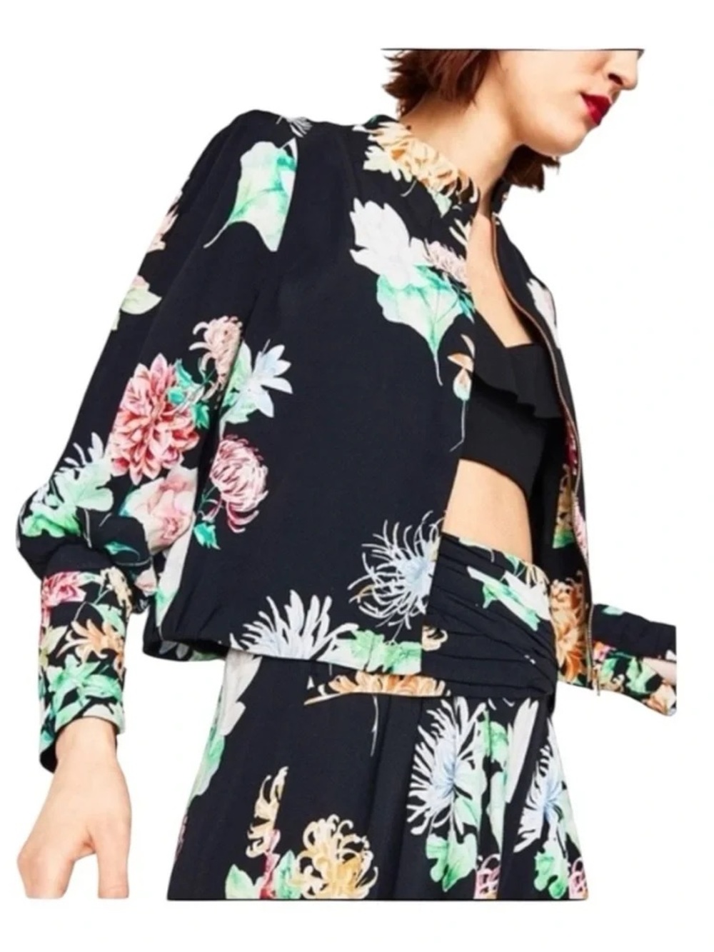 Zara Black Floral Crop Jacket